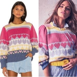 Loveshackfancy Shirelle Pullover Pink Heart Fair Isle Chunky Puff Sleeve‎ L